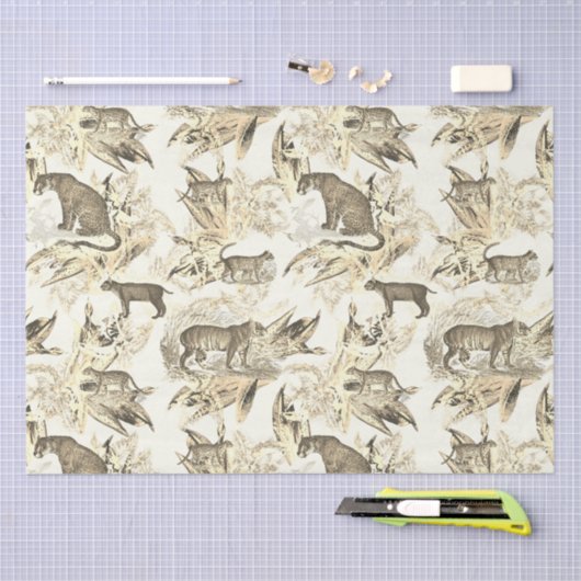 Elegant Beige Toile Wild Cats Oerwoud Tissuepapier (Craft)