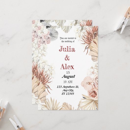 Elegant Beige Tropisch Watercolor Boho Boeket Brui Kaart (Voorkant / Achterkant in situ)