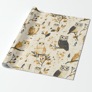 Elegant Beige Uil Wildlife Botanisch Patroon Cadeaupapier