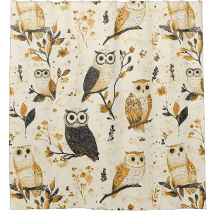 Elegant Beige Uil Wildlife Botanisch Patroon Douchegordijn