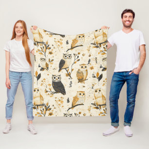 Elegant Beige Uil Wildlife Botanisch Patroon Fleece Deken