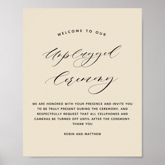 Elegant Beige Unplugged Ceremony Wedding Sign Poster (Voorkant)
