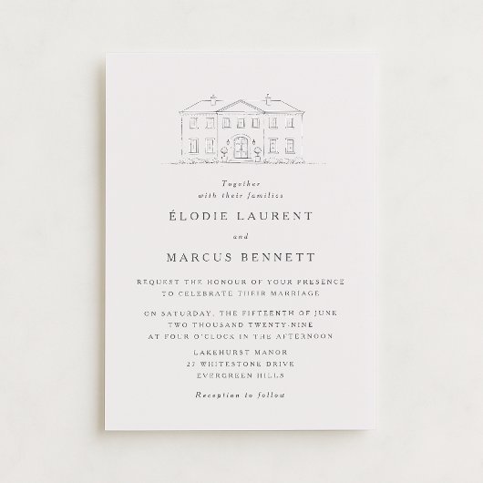 Elegant Beige Venue Sketch Wedding Invitation Kaart