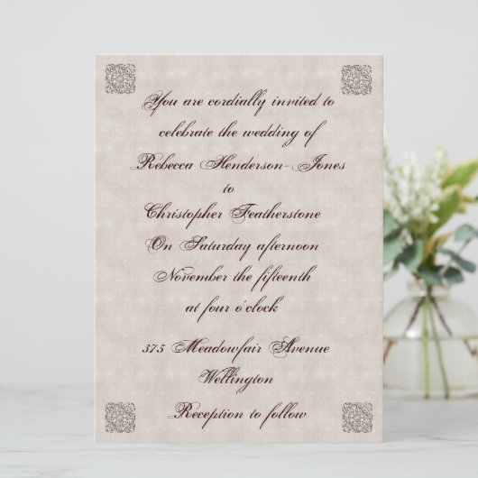 Elegant Beige Vintage Wedding Uitnodiging (Staand voorkant)