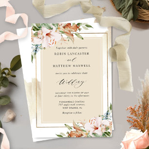 Elegant Beige Waterverf en Earthy Floral Wedding Kaart