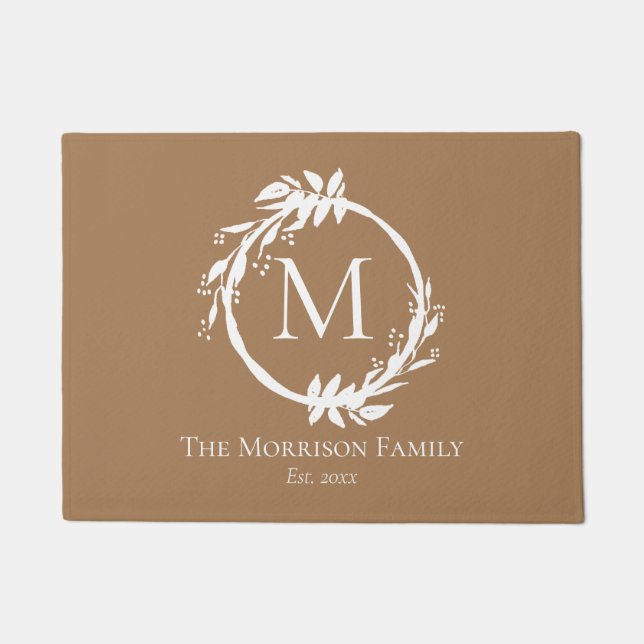 Elegant Beige White Wreatname Family Name Monogram Deurmat (Voorkant)
