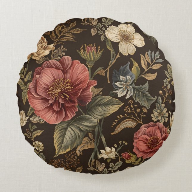 Elegant, Beigie Maroon Brown Flowers Pattern Rond Kussen (Voorkant)