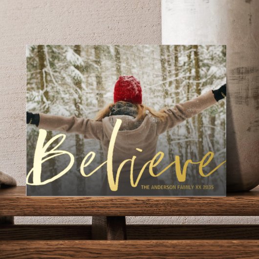 Elegant Believe Gold Script-foto Folie Feestdagen Briefkaart