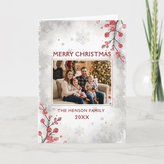 Elegant Berries Snowflakes Family Photo Christmas Feestdagen Kaart (Voorkant)