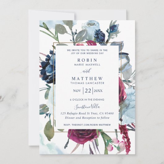 Elegant Berry Blue Burgundy Floral Wedding Kaart (Voorkant)