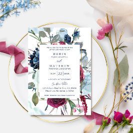 Elegant Berry Blue Burgundy Floral Wedding Kaart