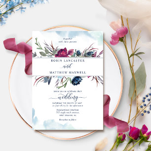 Elegant Berry Blue Floral en Waterverf Wedding Kaart
