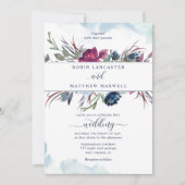 Elegant Berry Blue Floral en Waterverf Wedding Kaart (Voorkant)