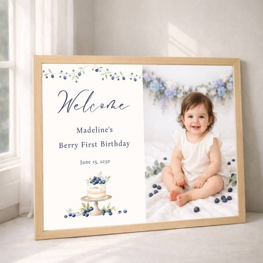 Elegant Berry First Birthday Photo Welcome Poster