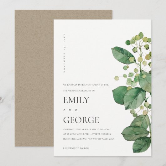 ELEGANT BERRY LEAF FOLIAGE GREENERY WEDDING INVITE BEDANKKAART (Voorkant / Achterkant)