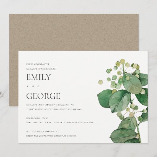 ELEGANT BERRY LEAF FOLIAGE REHEARSAL DINNER INVITE BEDANKKAART (Voorkant / Achterkant)