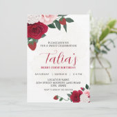 Elegant Berry Rozen First Birthday Download Kaart (Staand voorkant)