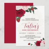 Elegant Berry Rozen First Birthday Download Kaart (Voorkant / Achterkant)