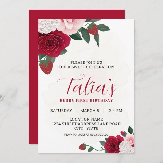 Elegant Berry Rozen First Birthday Download Kaart (Voorkant / Achterkant)