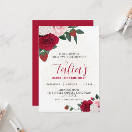 Elegant Berry Rozen First Birthday Download Kaart