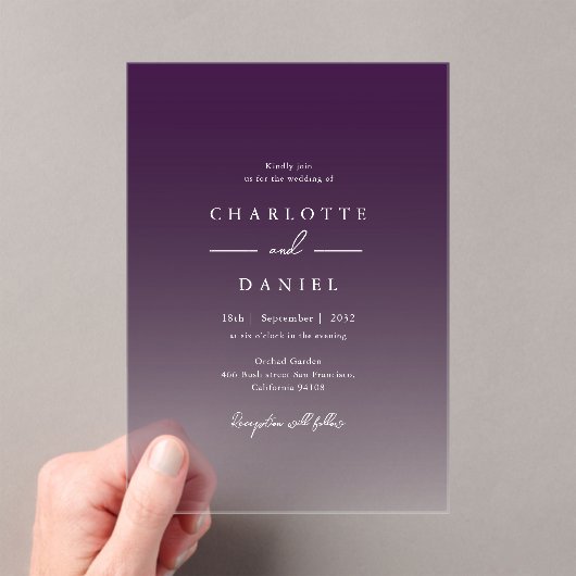 Elegant Berry Violet Gradient Acrylic Wedding Acryl Uitnodigingen (Insitu (Draagbaar))