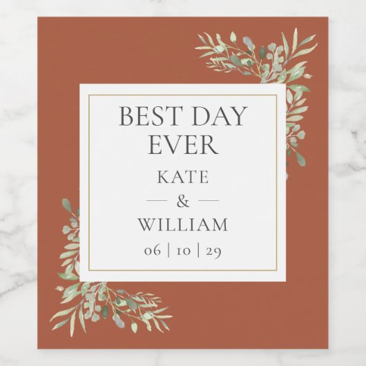 Elegant Best Day Over Greenery Terracotta Wedding Wijn Etiket (Enkel label)