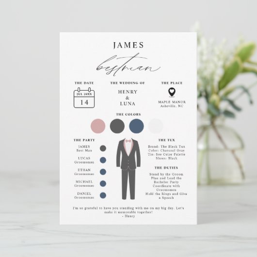 Elegant Beste Man Bruiloft Feest Info Kaart (Staand voorkant)