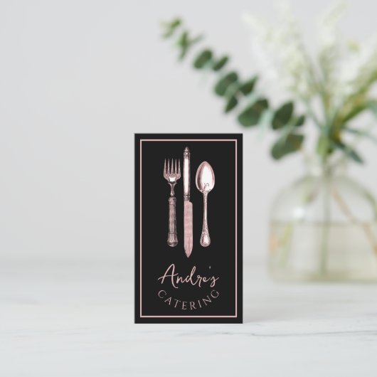 Elegant Bestek Logo Catering Zwart Visitekaartje (Staand voorkant)