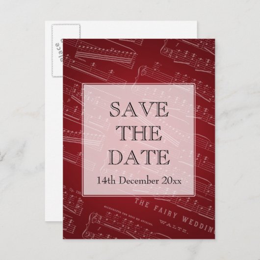 Elegant Bewaar de datum Bladmuziek Rood Aankondigingskaart (Voorkant / Achterkant)