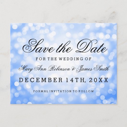 Elegant Bewaar de datum Blue Glitter Lights Aankondigingskaart (Voorkant)