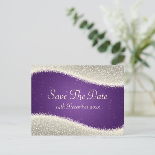Elegant Bewaar de datum Dazzling Sparkles Paarse Aankondigingskaart (Staand voorkant)