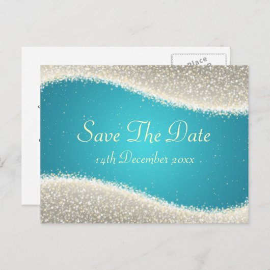 Elegant Bewaar de datum Dazzling Sparkles Turquois Aankondigingskaart (Voorkant / Achterkant)