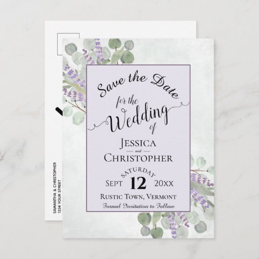 Elegant Bewaar de datum Eucalyptus & Lavendel Paar Aankondigingskaart (Voorkant / Achterkant)