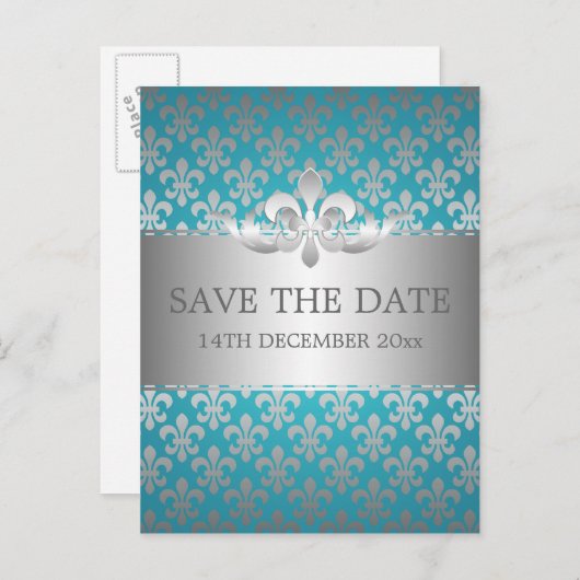 Elegant Bewaar de datum Fleur de Lis Blue Aankondigingskaart (Voorkant / Achterkant)