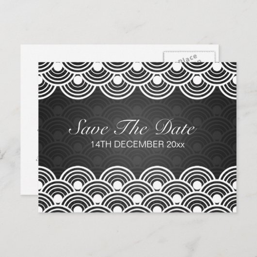 Elegant Bewaar de datum geschulpte patroon zwart Aankondigingskaart (Voorkant / Achterkant)