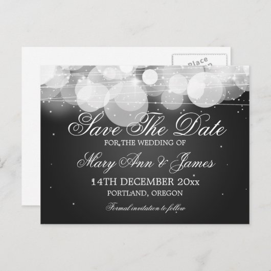 Elegant Bewaar de datum Glow & Sparkle Black Aankondigingskaart (Voorkant / Achterkant)