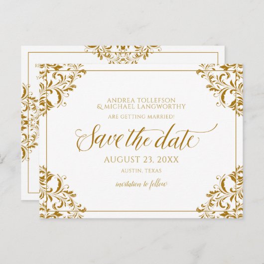Elegant Bewaar de Datum Goud Aankondigingskaart (Voorkant / Achterkant)