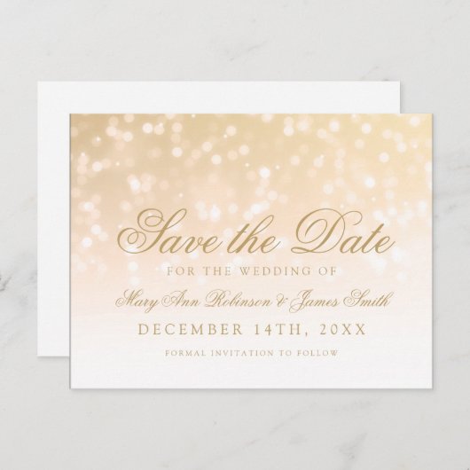 Elegant Bewaar de datum Gouden Bokeh Sparkle Light Aankondigingskaart (Voorkant / Achterkant)
