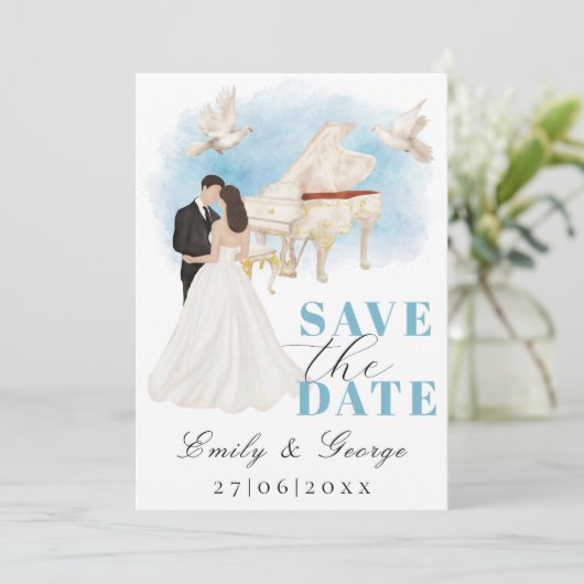Elegant Bewaar de Datum met Bruid & bruidegom Pian Kaart (Staand voorkant)
