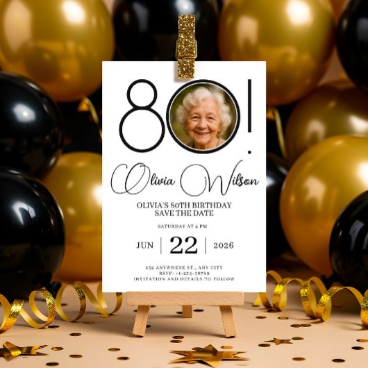 Elegant Bewaar De Datum Met Foto 80e Verjaardag Kaart