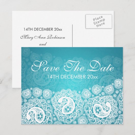 Elegant Bewaar de datum Paisley Lace Blue Aankondigingskaart (Voorkant / Achterkant)