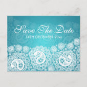 Elegant Bewaar de datum Paisley Lace Blue Aankondigingskaart (Voorkant)