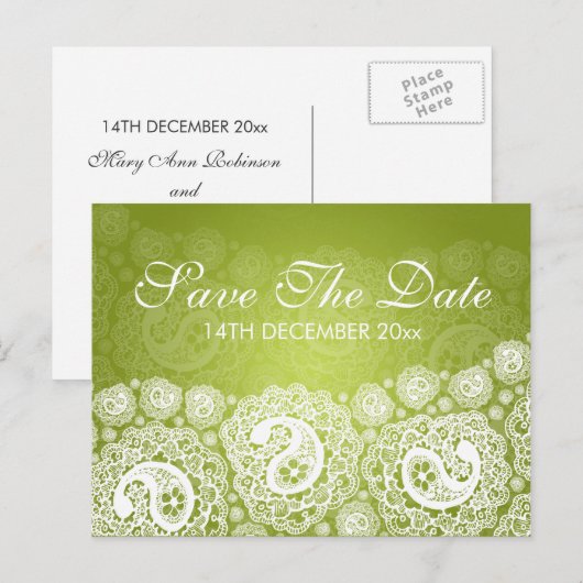 Elegant Bewaar de datum Paisley Lace Lime Green Aankondigingskaart (Voorkant / Achterkant)