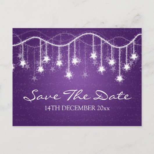 Elegant Bewaar de datum Shimmering Stars Paarse Aankondigingskaart (Voorkant)