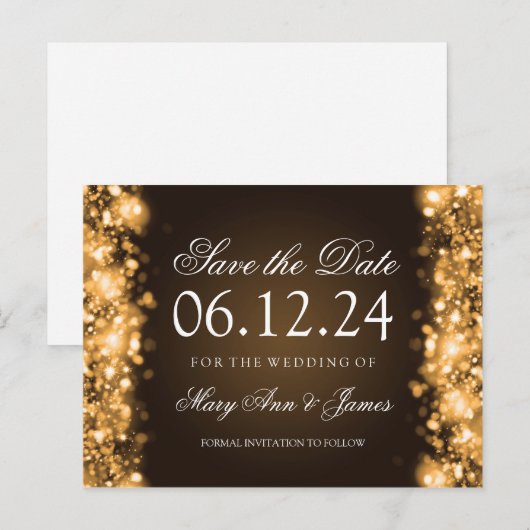 Elegant Bewaar de datum Sparkling Lights Goud Aankondigingskaart (Voorkant / Achterkant)