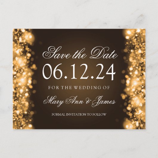 Elegant Bewaar de datum Sparkling Lights Goud Aankondigingskaart (Voorkant)
