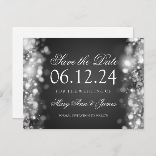 Elegant Bewaar de datum Sparkling Lights Zilver Aankondigingskaart (Voorkant / Achterkant)