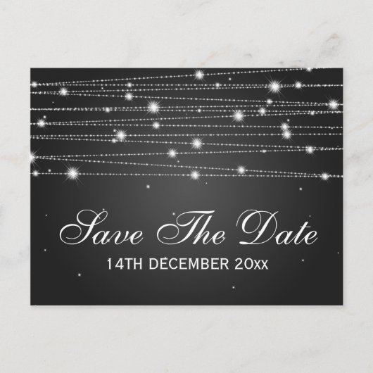Elegant Bewaar de datum sprankelende lijnen zwart Aankondigingskaart (Voorkant)