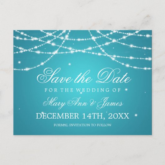 Elegant Bewaar de datum Sprankelende String Turquo Aankondigingskaart (Voorkant)