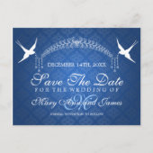 Elegant Bewaar de datum Vogels Monogram Blauw Aankondigingskaart (Voorkant)